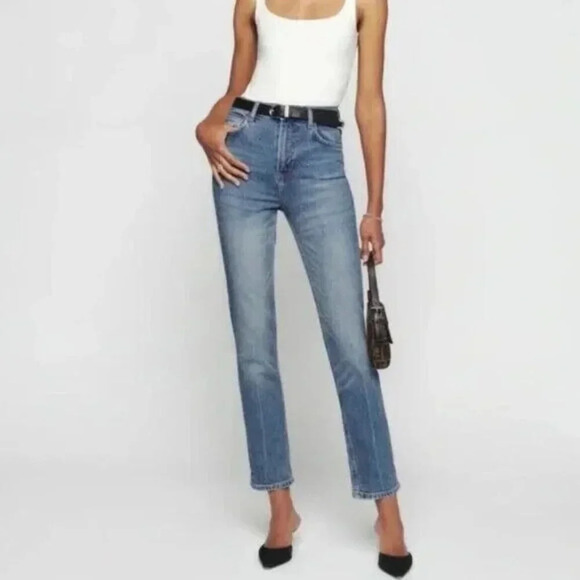 Reformation Liza Ultra High Rise Straight Organic Cotton Jeans in Blue‎ Malta 24 - Picture 1 of 10